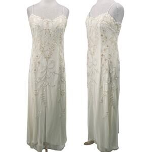 Vintage 90s Jessica McClintock Bridal Gown Sequin Embroidery Maxi Dress Ivory 12